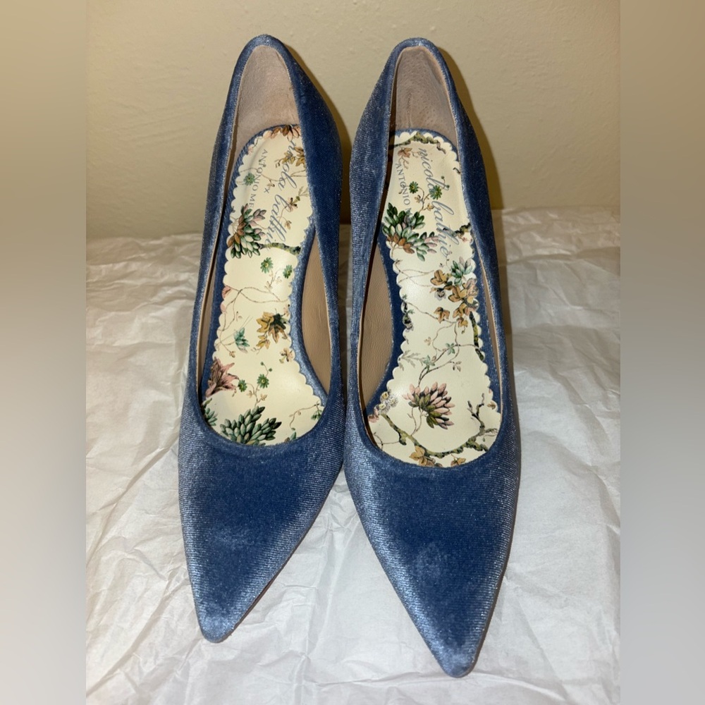 Nicola Bathie blue velvet heels